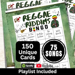 Może przedstawiać: Gra w bingo Reggae Riddims ze 150 unikalnymi kartami i 75 piosenkami. Gra ma zielono-biały design z nutami, gitarą i osobą grającą na flecie. Zawiera playlistę Spotify i YouTube.