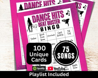 Bingo de canciones bailables (100 cartones), bingo para romper el hielo para cumpleaños de adultos mayores, juego musical con lista de reproducción, actividad temática para fiestas de clubes sociales
