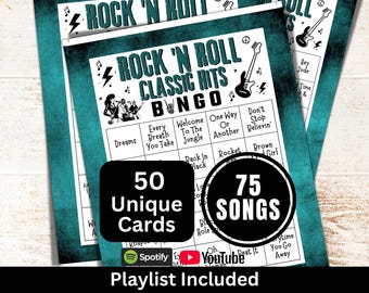 Bingo di canzoni classiche rock and roll con 50 carte, Bingo musicale con playlist, Gioco di successi degli anni &#39;90, &#39;80, &#39;70, &#39;60 e &#39;50 per feste di famiglia per anziani
