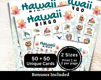 Bingo delle Hawaii, 50 cartelle, attività per viaggi tropicali, gioco stampabile per vacanze su un'isola, download immediato in PDF