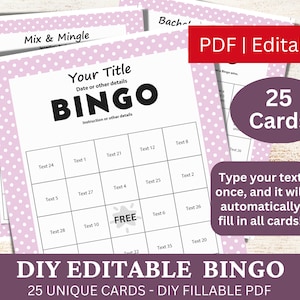 25 bewerkbare Bingo Pastel Violet sjabloon PDF, DIY invulbare Bingo Game Card, aangepaste automatisch vullen, gepersonaliseerd maak je eigen bingo