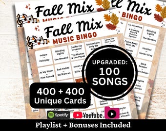 Bingo musical de otoño (400 cartones), juego imprimible con ambiente otoñal, 100 canciones y lista de reproducción de 1 minuto sin conexión.