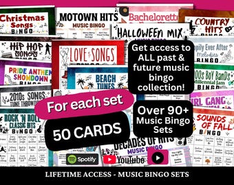 Paquete de bingo musical: 50 cartones de bingo únicos, todos los bingos musicales del pasado y del futuro, acceso a Google Drive, bingo musical con lista de reproducción