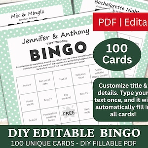 100 plantillas editables de bingo pastel turquesa PDF, tarjeta de juego de bingo rellenable DIY, relleno automático personalizado, personalizado haga su propio bingo