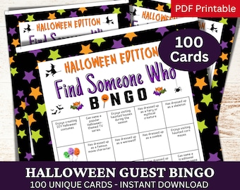 100 Halloween Guest Bingo Game, Find Someone Who Activity, Reunion Icebreaker Printable PDF, Mix and Mingle Party, Find The Person Gathering