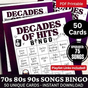 Decades of Hits Bingo 50 Karte, 70er 80er 90er Jahre Liederspiel für Partyaktivität, Familienfeier zum Ausdrucken, Geburtstags-PDF für Retro-Liebhaber