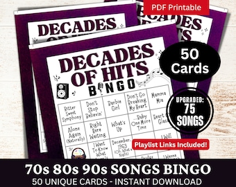 Decades of Hits Bingo 50 Card, 70s 80s 90s Songs Game for Party Activity, Family Night Gathering Printable, Birthday PDF for Retro Lovers