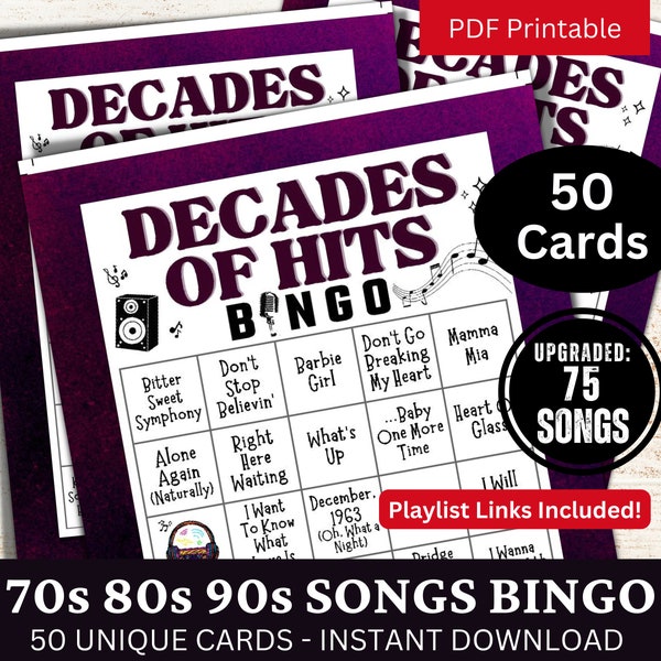 Tientallen jaren van Hits Bingo 50 Card, jaren '70, jaren '80, '90 Songs Game voor feestactiviteit, Family Night Gathering Printable, Verjaardag PDF voor Retro Lovers