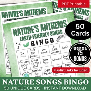 Nature Songs Bingo-Spiel 50 Karten, Earth Day Hymnen, Musikparty-Themen Aktivität, Umweltclub Eisbrecher, Gruppen-Trivia-Hits-Wiedergabeliste