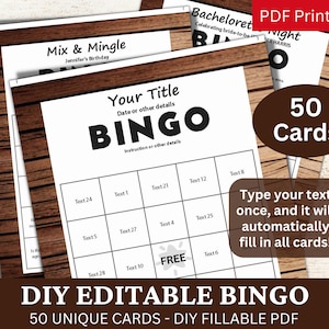 50 modèle PDF modifiable de bingo-test en bois foncé, carte de jeu à remplir soi-même, remplissage automatique personnalisé, générateur personnalisé de fabrication de votre propre