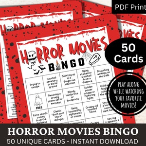 Películas de terror Bingo 50 Card, Programas de televisión temáticos de Halloween Ver fiesta, Juego de noche de miedo, Bingo de noche de película familiar, Reunión de reunión navideña