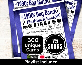 Bingo z piosenkami boysbandów z lat 90., 300 kart, gra na rodzinne spotkanie, bingo z muzyką retro z playlistą, aktywność integracyjna dla dorosłych w stylu lat 90.