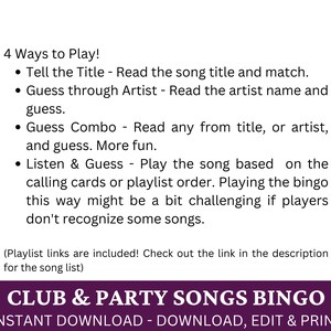 Puede incluir: Una tarjeta de bingo imprimible para un juego con tem&aacute;tica de canciones de club y fiesta. El texto en la tarjeta dice "Club & Party Songs Bingo" y "Descarga instant&aacute;nea - Descarga, edita e imprime".