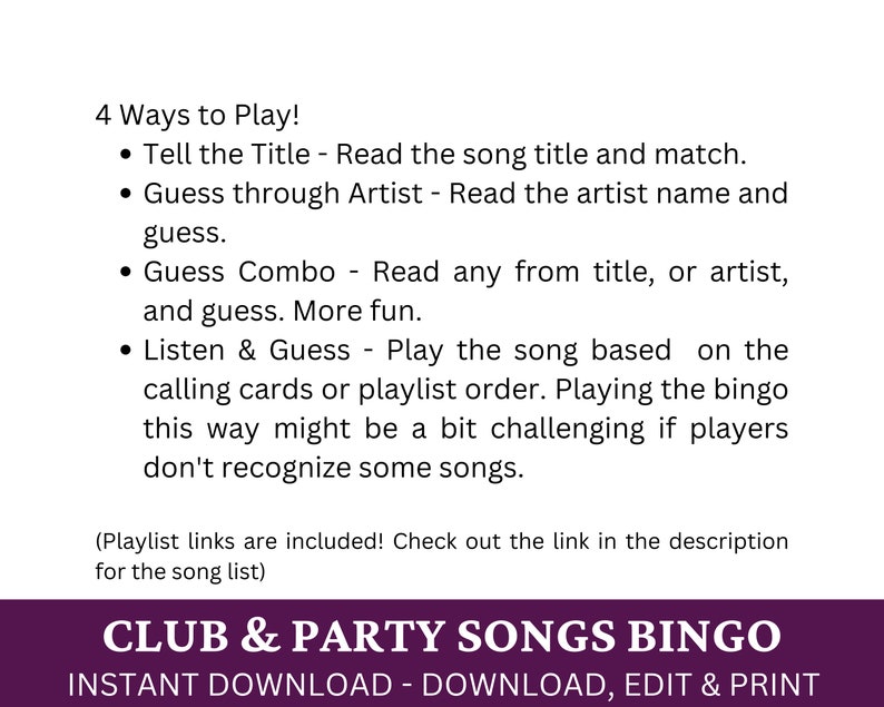 Puede incluir: Una tarjeta de bingo imprimible para un juego con tem&aacute;tica de canciones de club y fiesta. El texto en la tarjeta dice "Club & Party Songs Bingo" y "Descarga instant&aacute;nea - Descarga, edita e imprime".