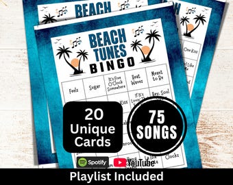 Beach Songs Bingo Game 20 Cards, Vacation Tunes Activity, Summer Themed Music, College Reunion Party Night, Family Birthday Gathering Game