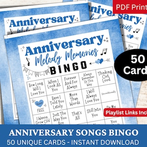 記念日ソング ビンゴ 50 カード、プレイリスト付きお祝い音楽ビンゴ、大人向け家族再会印刷可能アクティビティ、ホリデー ギャザリング ゲーム