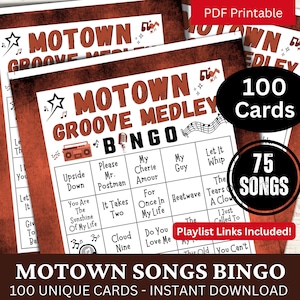 Bingo de 100 tarjetas con canciones de pop, soul y R&B, bingo de música clásica con lista de reproducción, actividad divertida para fiestas familiares, juego para reuniones de adultos mayores, PDF imprimible