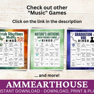 May include: Three printable bingo cards with a music theme. The cards are titled "Irish Rhythms Medley", "Nature's Anthems Earth-Friendly Songs", and "Graduation Vibe". The cards feature a variety of music-related words and phrases.