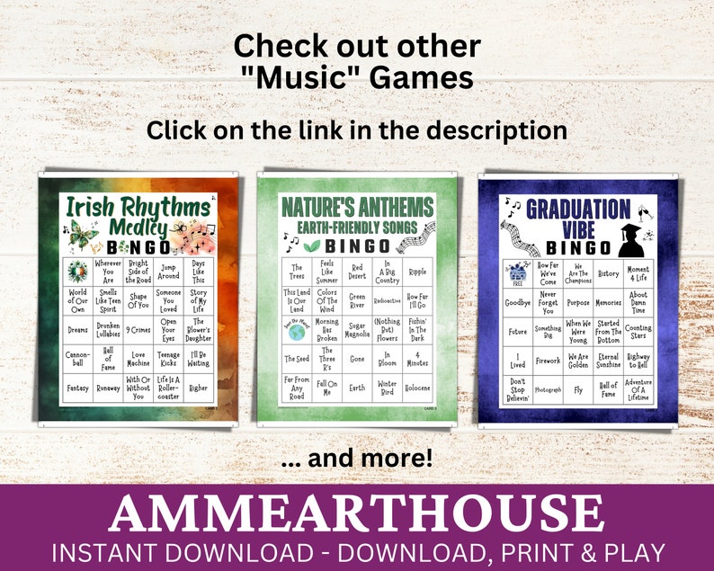 May include: Three printable bingo cards with a music theme. The cards are titled "Irish Rhythms Medley", "Nature's Anthems Earth-Friendly Songs", and "Graduation Vibe". The cards feature a variety of music-related words and phrases.