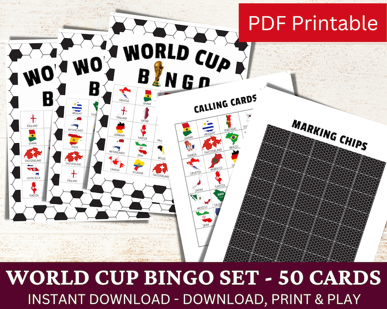 50 World Cup Bingo Game Card for Adult and Kids, Country Map Flag Set