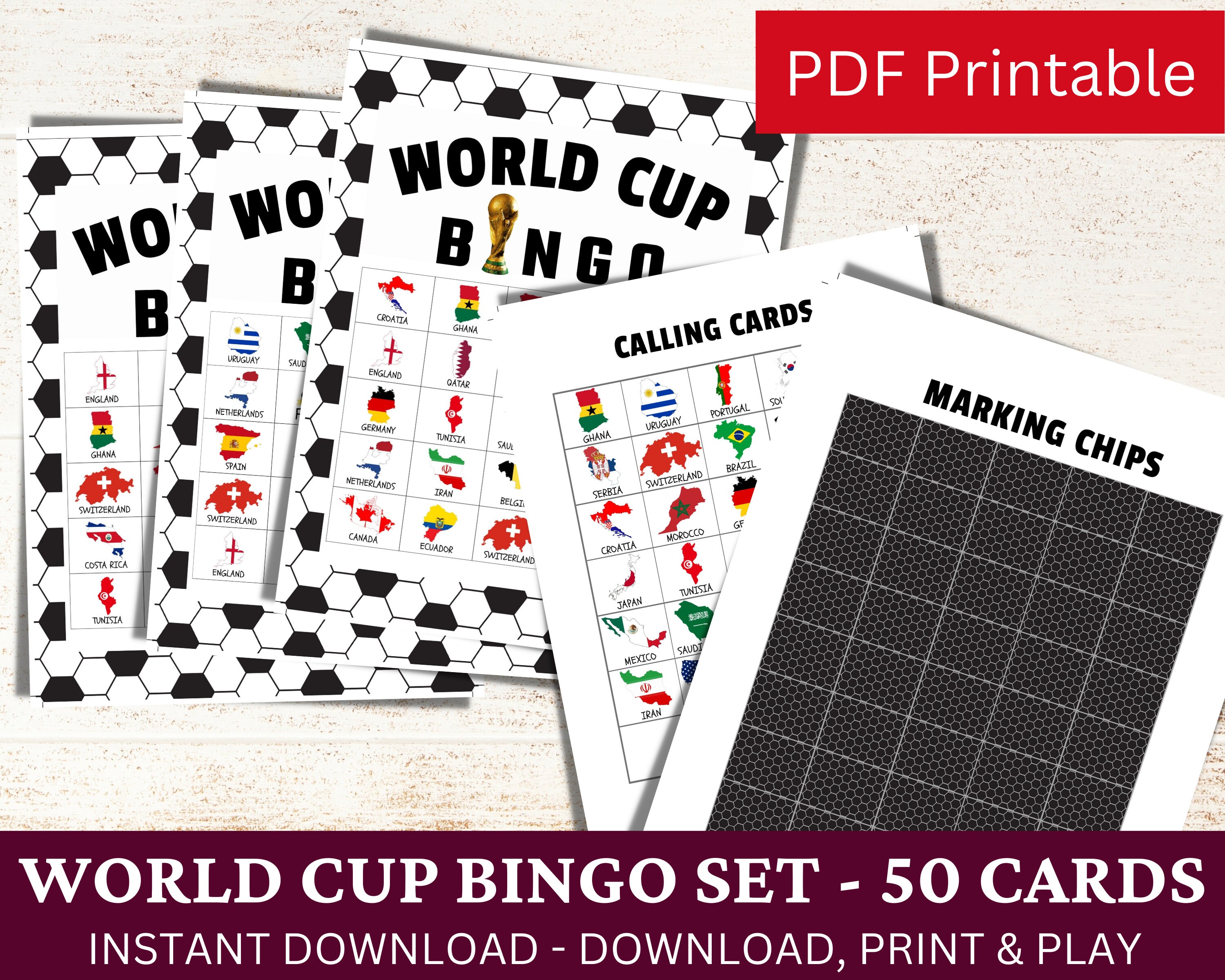 50 World Cup Bingo Game Card for Adult and Kids, Country Map Flag Set, Printable Soccer Watch