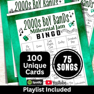 2000s Boy Bands Songs Bingo 100 Cards, Millennium Music Bingo with Playlist, 00s Gathering Activity for Adult, Family Reunion Party Game image 1