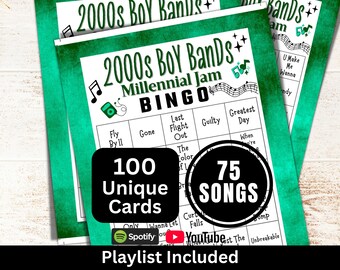 2000s Boy Bands Songs Bingo 100 Cards, Millennium Music Bingo with Playlist, 00s Gathering Activity for Adult, Family Reunion Party Game