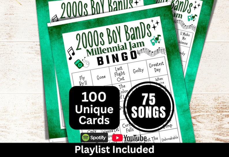2000s Boy Bands Songs Bingo 100 Cards, Millennium Music Bingo with Playlist, 00s Gathering Activity for Adult, Family Reunion Party Game image 1