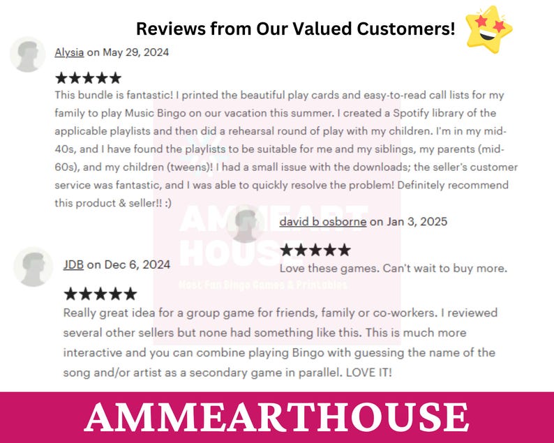May include: Reviews from customers about a Music Bingo game. The game includes play cards, call lists, and Spotify playlists. The reviews highlight the game's suitability for families and groups, as well as the seller's excellent customer service.