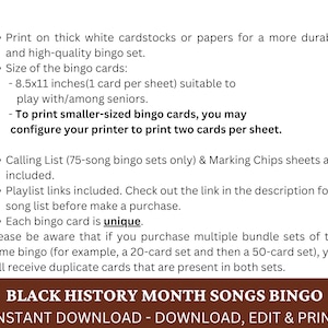 May include: Black History Month Songs Bingo printable game. Instant download, edit and print.  The game includes a calling list, marking chips, and playlist links. Each bingo card is unique.