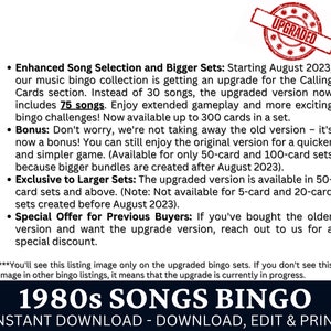 Jeu de bingo avec chansons classiques des années 80, 50 cartes, activité musicale intemporelle, jeu imprimable pour soirée familiale, PDF d'anniversaire pour les amateurs de rétro image 3