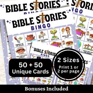 Bible Stories Bingo 50 Cards, Church Youth Gathering Activity, Kids Sunday School Class Game PDF Printable