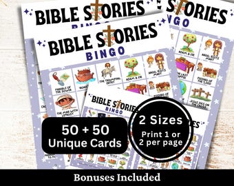 Bingo de historias bíblicas (50 tarjetas), actividad para reuniones juveniles en la iglesia, juego para niños de la escuela dominical (PDF imprimible)