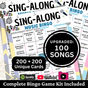 Sing-along Music Bingo, 200 Cards, 100 Songs Playlists Included, Printable PDF Game, Instant Download