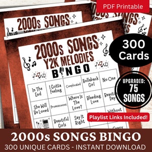 Bingo z piosenkami z lat 2000. 300 kart, aktywność na temat urodzin przyjaciela, impreza z okazji spotkania rodzinnego Y2K, muzyka retro z bingo z listą odtwarzania