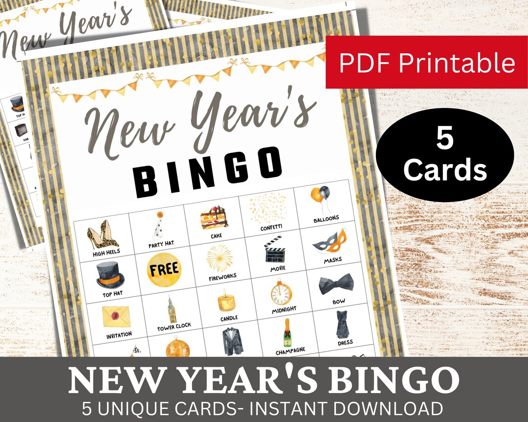 5 New Year's Bingo Watercolor Game Cards, Holiday Party Activity, Fun ...
