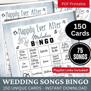 Hochzeitslieder-Bingo 150 Karten, Brautparty-Aktivität, Romanze-Thema-Gästempfändchen-Tischspiel, Bachelorette-Liebesmusik-Bingo mit Wiedergabeliste