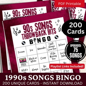 90er Jahre Throwback Songs Bingo 200 Karte, Musik Bingo mit Playlist 75 Songs, Familien Retro Night Gathering druckbares Spiel, Geburtstagsfeier Aktivität