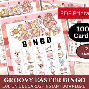 May include: A set of 100 printable Easter bingo cards with a groovy retro theme. The cards feature a variety of images including a bunny, a hot air balloon, a daisy, a scooter, a cat, a sheep, a rainbow, a dog, a coffee cup, a bow, a basket, and sunglasses. The cards are pink and white with a fun, whimsical design.