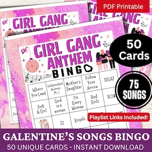 Girl Gang Songs Bingo 50 Karten, Frauen Empowerment Theme Gathering Aktivität, Galentine's Day Partyspiel, Freundschaft Musik Bingo mit Playlist