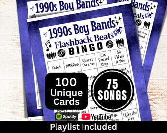 1990s Boy Bands Songs Bingo 100 Cards, Family Reunion Party Game, Millennial Music Bingo with Playlist, 90s Gathering Activity for Adult