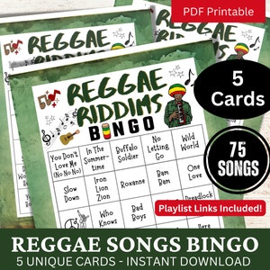 Reggae Songs Bingo 5 Karten, Groove Party Musik Bingo mit Playlist, Chill Gathering Aktivität, Throwback Themenspiel, Sommer Strand Melodien Bingo