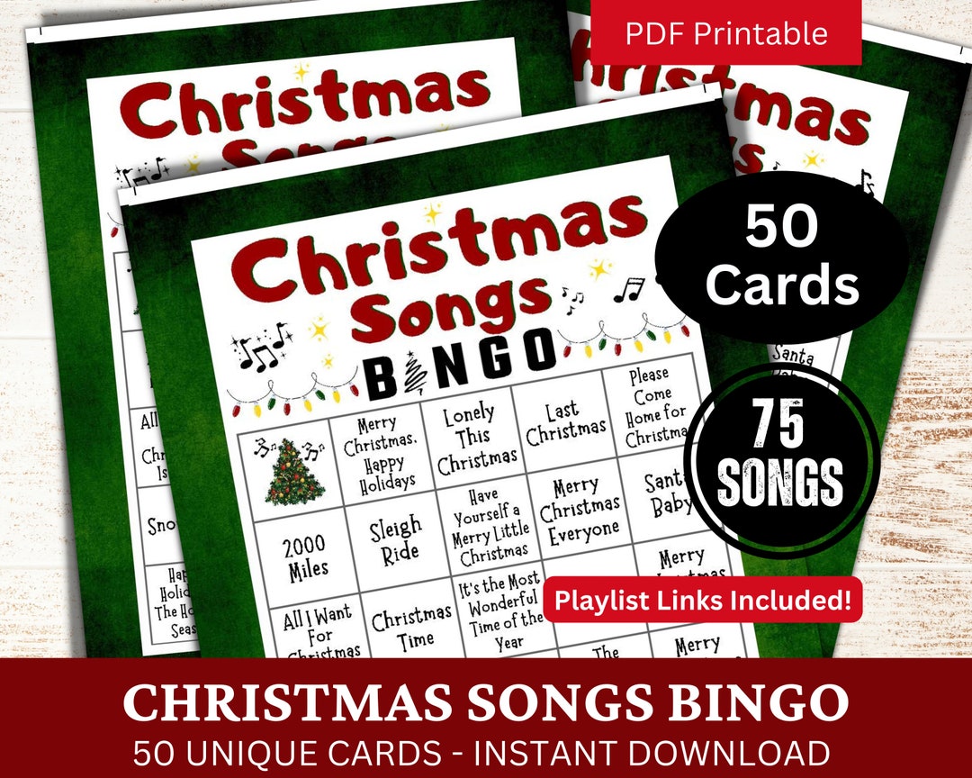 Christmas Songs Bingo 50 Cards, Best Xmas Songs Bingo With Playlist