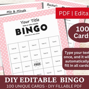 100 bearbeitbare Bingo Pastellrot-Vorlage PDF, DIY ausfüllbare Bingospielkarte, Benutzerdefiniert automatisch füllen, personalisiert Machen Sie Ihren eigenen Generator