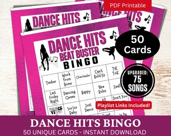 Dance Songs Bingo 50 Cards, Music Game with Playlist, Social Club Gathering Party Themed Activity, Senior Adult Birthday Icebreaker Bingo