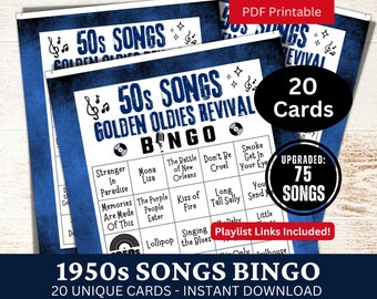 Jeu de 20 cartes de bingo avec chansons des années 50, bingo à musique des années 50 avec liste de lecture, soirée de réunion de famille, activité de rassemblement sur le thème d'un anniversaire