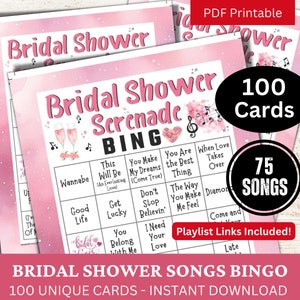 Bingo de 100 canciones para despedida de soltera, bingo de música para bodas con lista de reproducción, actividad para despedida de soltera, bingo de brunch con temática romántica para despedida de soltera