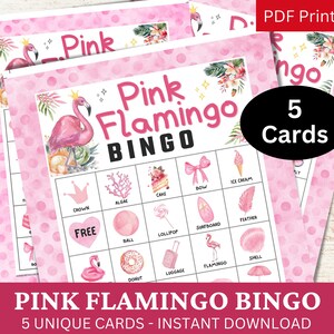 5 Pink Flamingo Watercolor Bingo Game, Tropical Summer Theme Birthday Party Activity, School Road Trip Icebreaker Printable Pastel PDF