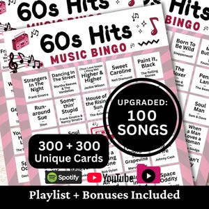 Printable 60s Hits Music Bingo game for nostalgic parties, family gatherings, office events, fundraisers, and community game nights. Features 100 beloved 1960s songs many still love today, from feel-good classics to unforgettable favorites. Includes 300 + 300 unique cards, Spotify, YouTube, and offline 1-minute snippets playlists, plus bonus extras.