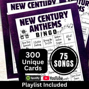 2000s 2010s 2020s Songs Bingo 300 Cards, Decades of Hits Music Game with Playlist, Musical Trivia Activity, Retro Y2K Theme Reunion Party image 1